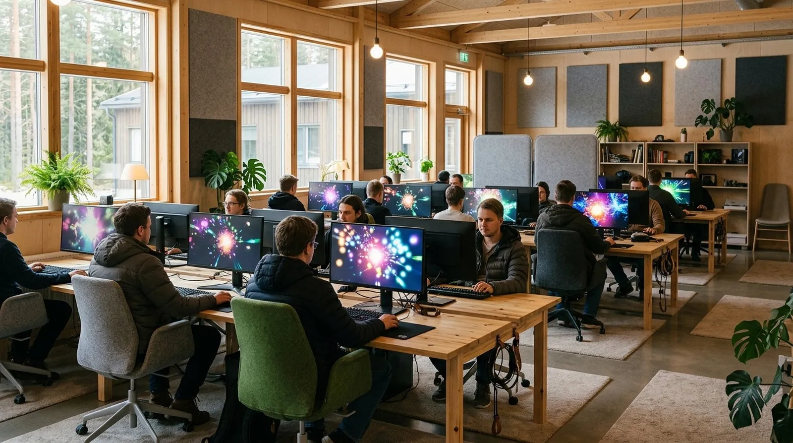 Light wood computer club hall with rows of gaming stations under daylight