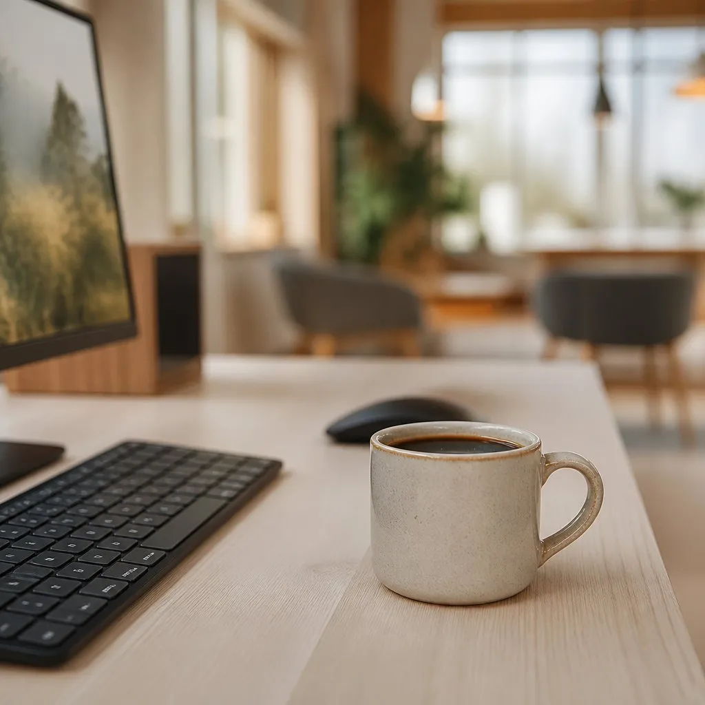 A ceramic fika mug beside a low-profile keyboard on a light wooden table